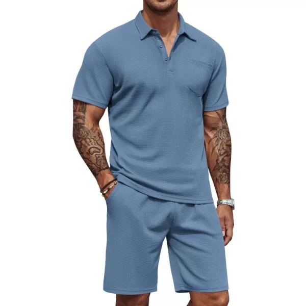 COOFANDY Men's Waffle Knit Polo Shirt and Shorts Set 2 Pieces Outfits Summer Suit Casual Tracksuit with Pockets