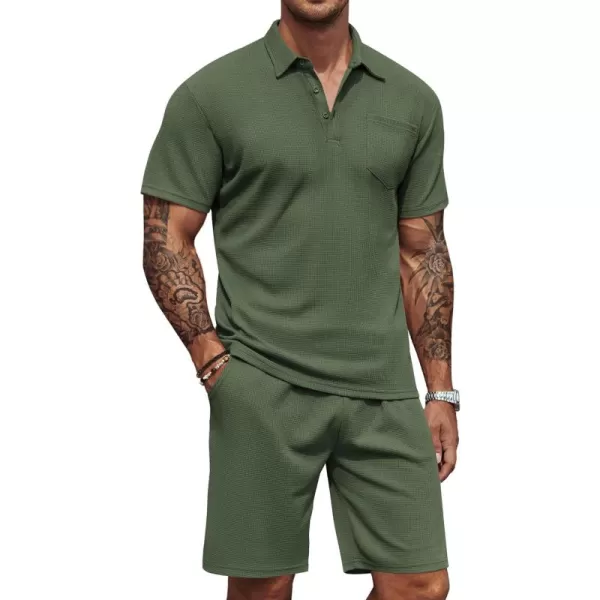 COOFANDY Men's Waffle Knit Polo Shirt and Shorts Set 2 Pieces Outfits Summer Suit Casual Tracksuit with Pockets