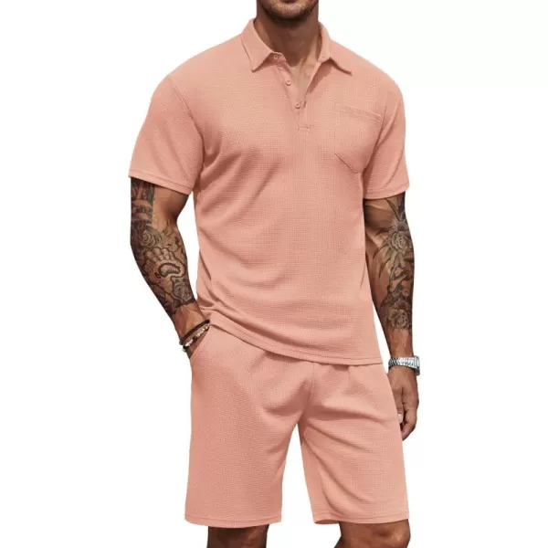 COOFANDY Men's Waffle Knit Polo Shirt and Shorts Set 2 Pieces Outfits Summer Suit Casual Tracksuit with Pockets