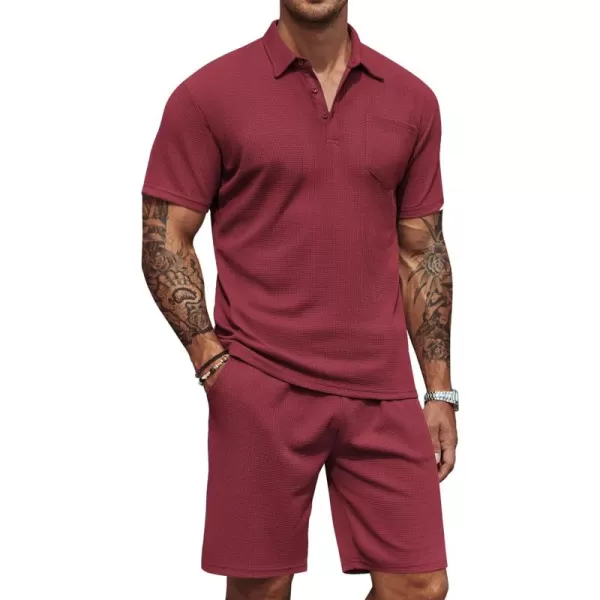 COOFANDY Men's Waffle Knit Polo Shirt and Shorts Set 2 Pieces Outfits Summer Suit Casual Tracksuit with Pockets