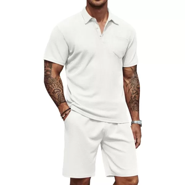 COOFANDY Men's Waffle Knit Polo Shirt and Shorts Set 2 Pieces Outfits Summer Suit Casual Tracksuit with Pockets