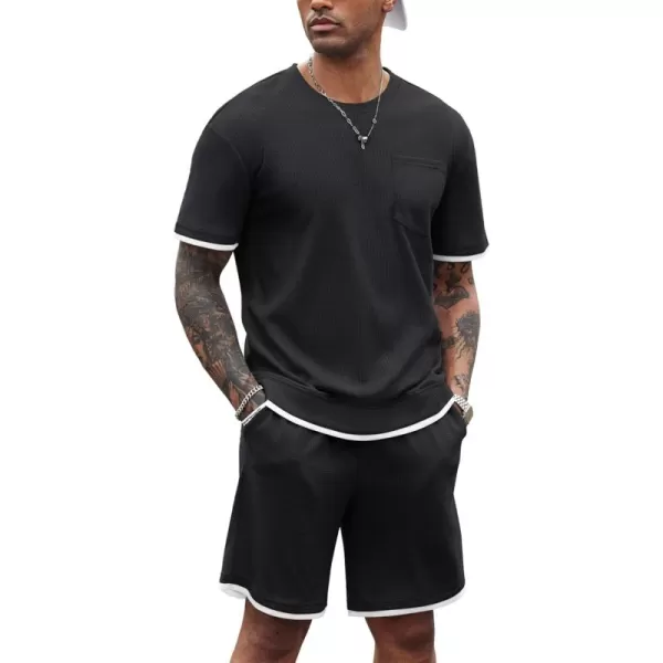 COOFANDY Men's Waffle Shirt and Shorts Set 2 Piece Outfits Casual Summer Tracksuits Set with Pockets