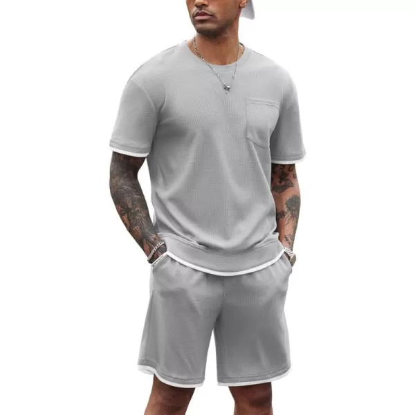 COOFANDY Men's Waffle Shirt and Shorts Set 2 Piece Outfits Casual Summer Tracksuits Set with Pockets