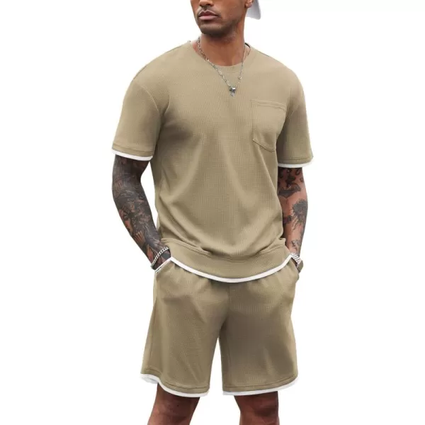 COOFANDY Men's Waffle Shirt and Shorts Set 2 Piece Outfits Casual Summer Tracksuits Set with Pockets
