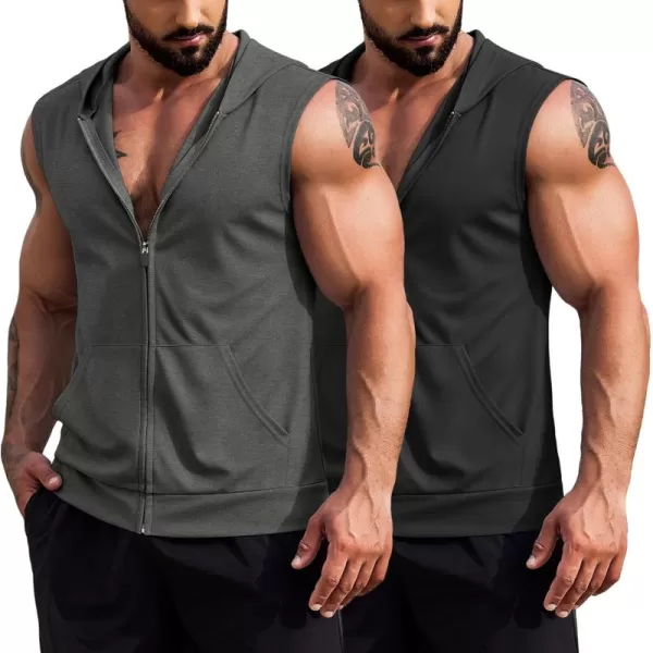 COOFANDY Men's Workout Hooded Tank Tops 2 Pack Zip Up Sleeveless Gym Shirts Muscle Cut Off T Shirt Bodybuilding Hoodies)