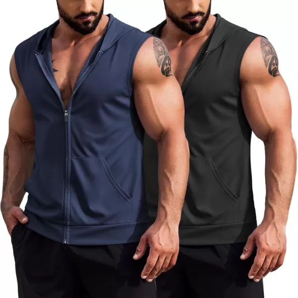 COOFANDY Men's Workout Hooded Tank Tops 2 Pack Zip Up Sleeveless Gym Shirts Muscle Cut Off T Shirt Bodybuilding Hoodies)