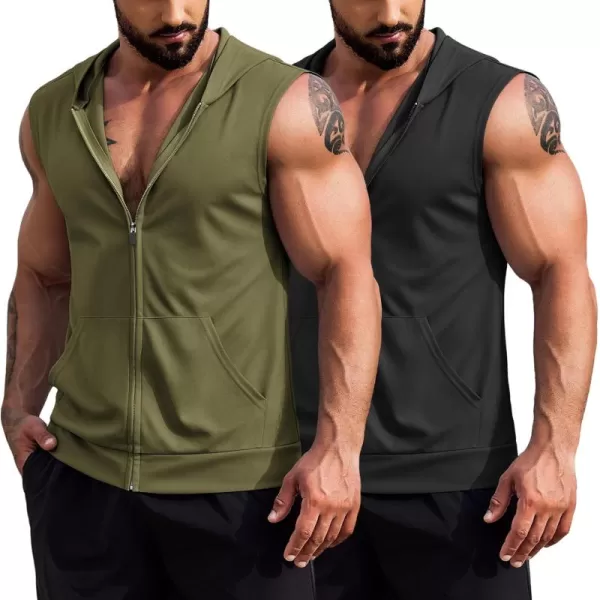COOFANDY Men's Workout Hooded Tank Tops 2 Pack Zip Up Sleeveless Gym Shirts Muscle Cut Off T Shirt Bodybuilding Hoodies)
