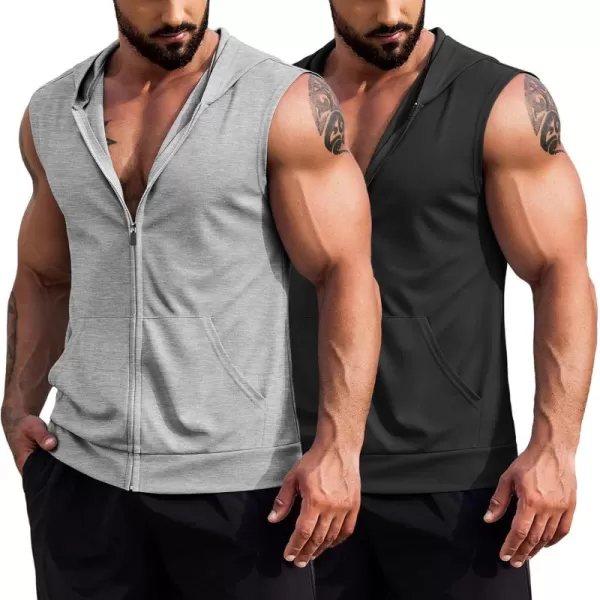 COOFANDY Men's Workout Hooded Tank Tops 2 Pack Zip Up Sleeveless Gym Shirts Muscle Cut Off T Shirt Bodybuilding Hoodies)