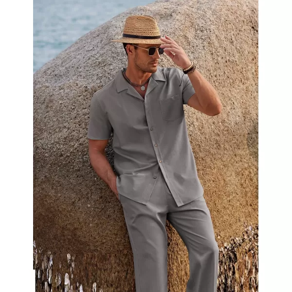 COOFANDY Men 2 Piece Linen Outfit Beach Button Down Shirt Casual Loose Pant Sets