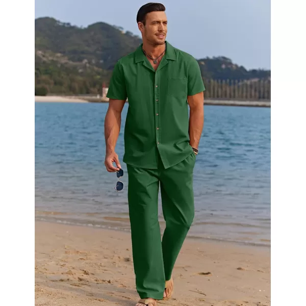 COOFANDY Men 2 Piece Linen Outfit Beach Button Down Shirt Casual Loose Pant Sets
