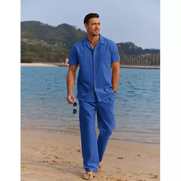 COOFANDY Men 2 Piece Linen Outfit Beach Button Down Shirt Casual Loose Pant Sets