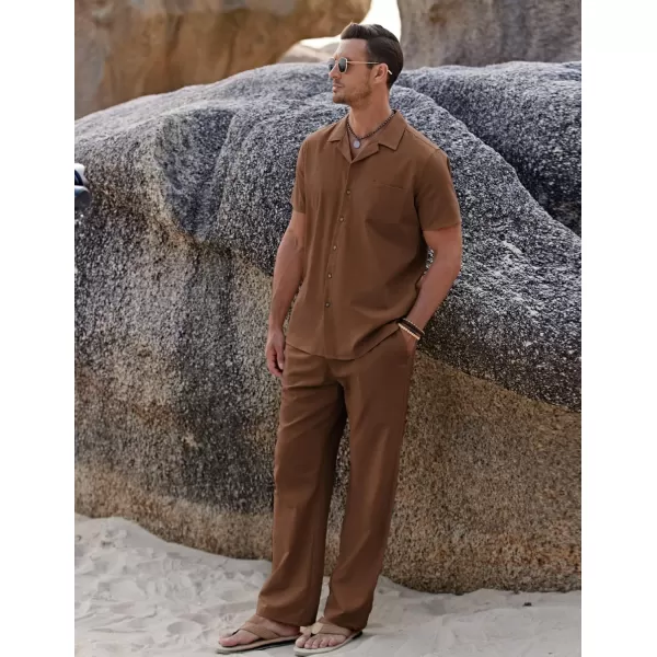 COOFANDY Men 2 Piece Linen Outfit Beach Button Down Shirt Casual Loose Pant Sets