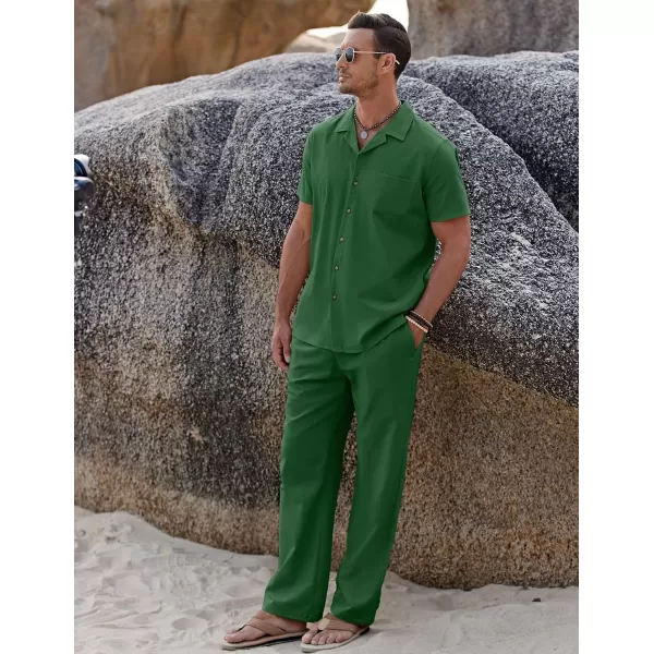 COOFANDY Men 2 Piece Linen Outfit Beach Button Down Shirt Casual Loose Pant Sets