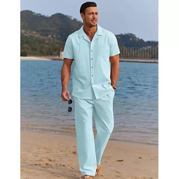 COOFANDY Men 2 Piece Linen Outfit Beach Button Down Shirt Casual Loose Pant Sets