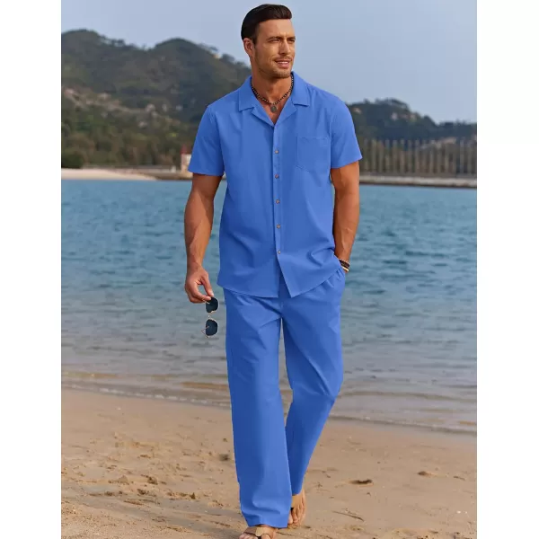 COOFANDY Men 2 Piece Linen Outfit Beach Button Down Shirt Casual Loose Pant Sets