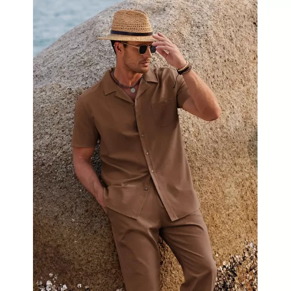 COOFANDY Men 2 Piece Linen Outfit Beach Button Down Shirt Casual Loose Pant Sets