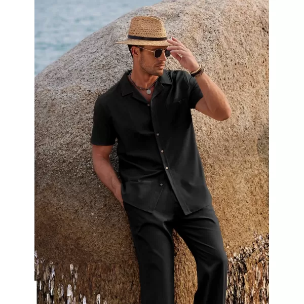 COOFANDY Men 2 Piece Linen Outfit Beach Button Down Shirt Casual Loose Pant Sets