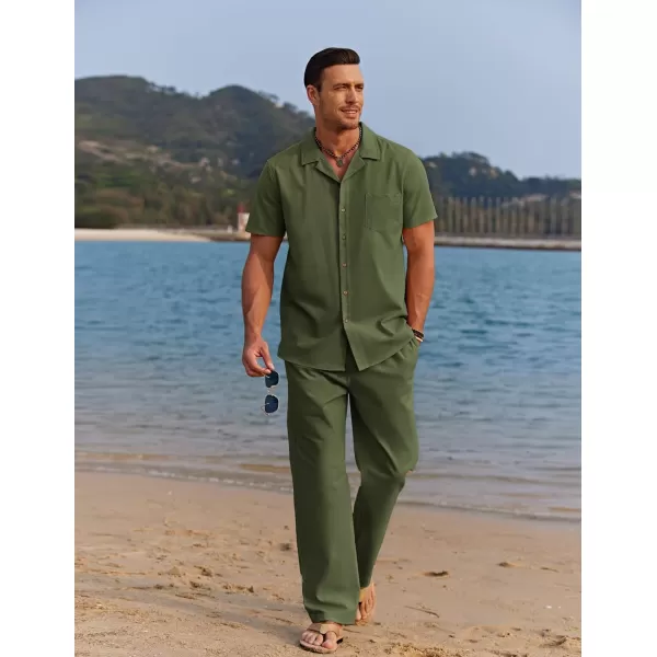 COOFANDY Men 2 Piece Linen Outfit Beach Button Down Shirt Casual Loose Pant Sets