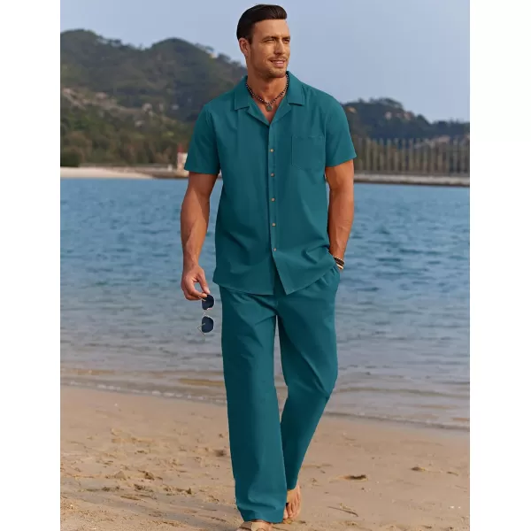 COOFANDY Men 2 Piece Linen Outfit Beach Button Down Shirt Casual Loose Pant Sets