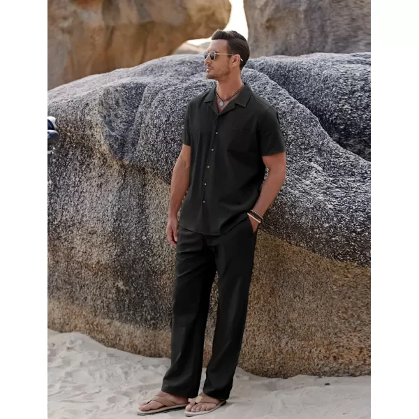 COOFANDY Men 2 Piece Linen Outfit Beach Button Down Shirt Casual Loose Pant Sets