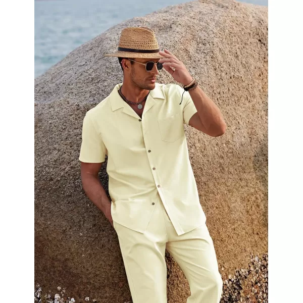 COOFANDY Men 2 Piece Linen Outfit Beach Button Down Shirt Casual Loose Pant Sets