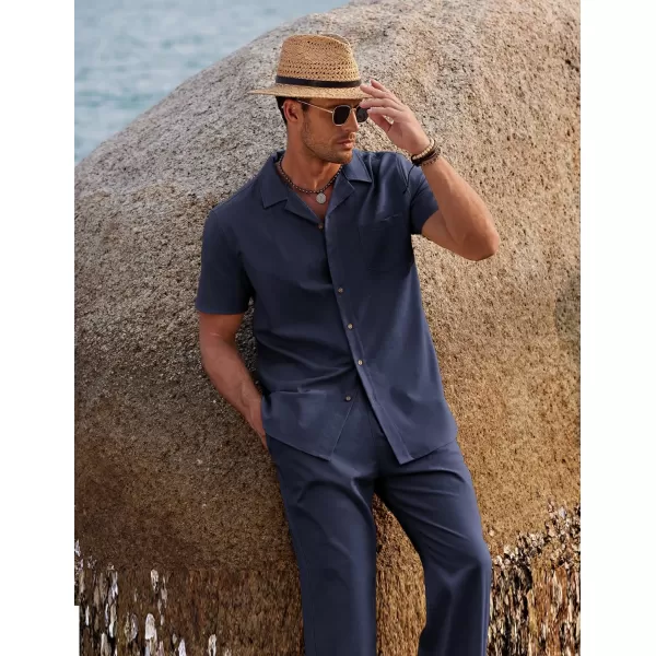 COOFANDY Men 2 Piece Linen Outfit Beach Button Down Shirt Casual Loose Pant Sets