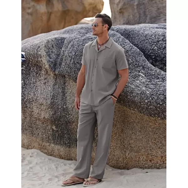 COOFANDY Men 2 Piece Linen Outfit Beach Button Down Shirt Casual Loose Pant Sets