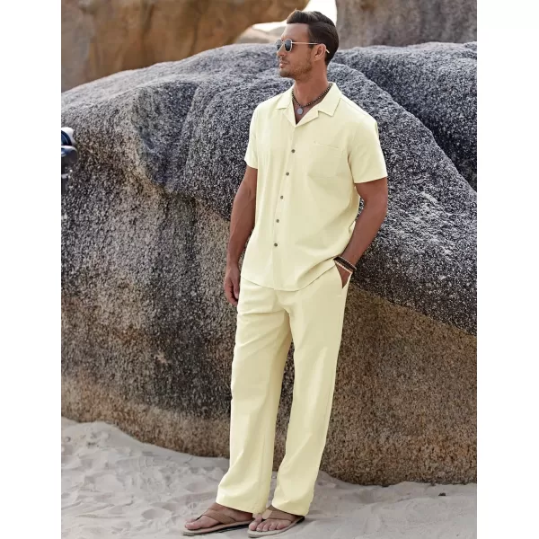COOFANDY Men 2 Piece Linen Outfit Beach Button Down Shirt Casual Loose Pant Sets