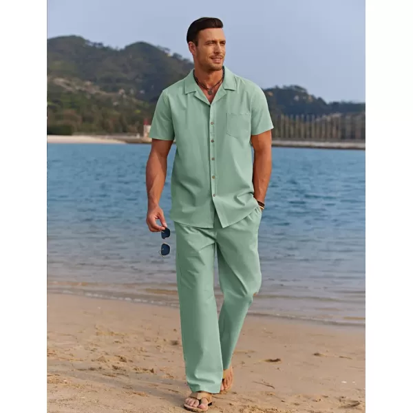 COOFANDY Men 2 Piece Linen Outfit Beach Button Down Shirt Casual Loose Pant Sets