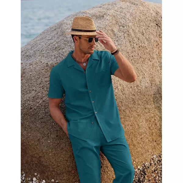 COOFANDY Men 2 Piece Linen Outfit Beach Button Down Shirt Casual Loose Pant Sets