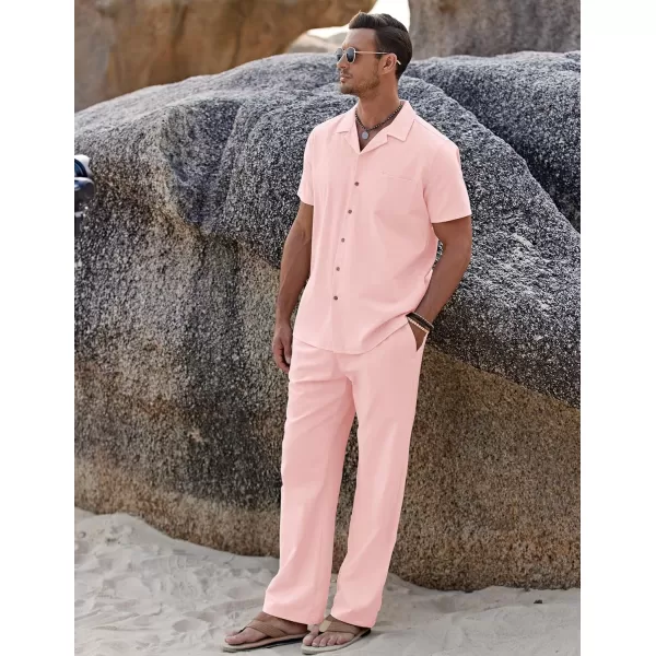 COOFANDY Men 2 Piece Linen Outfit Beach Button Down Shirt Casual Loose Pant Sets