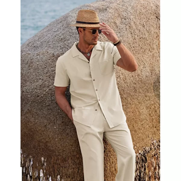 COOFANDY Men 2 Piece Linen Outfit Beach Button Down Shirt Casual Loose Pant Sets
