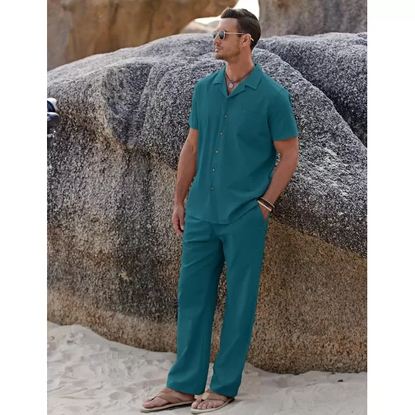 COOFANDY Men 2 Piece Linen Outfit Beach Button Down Shirt Casual Loose Pant Sets