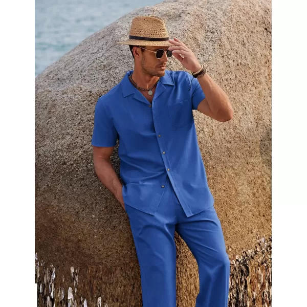 COOFANDY Men 2 Piece Linen Outfit Beach Button Down Shirt Casual Loose Pant Sets