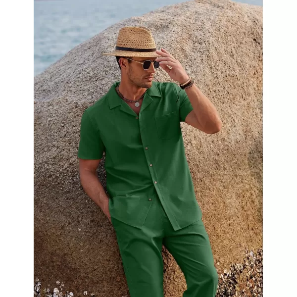 COOFANDY Men 2 Piece Linen Outfit Beach Button Down Shirt Casual Loose Pant Sets