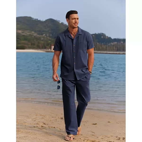 COOFANDY Men 2 Piece Linen Outfit Beach Button Down Shirt Casual Loose Pant Sets