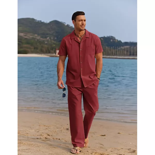 COOFANDY Men 2 Piece Linen Outfit Beach Button Down Shirt Casual Loose Pant Sets