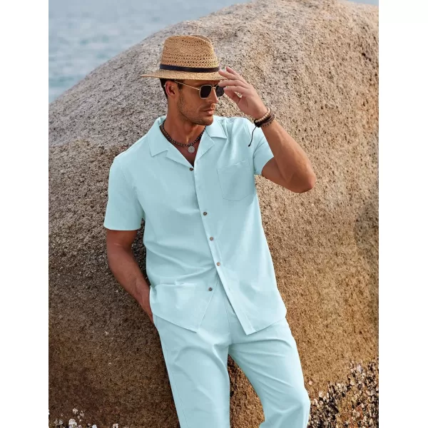 COOFANDY Men 2 Piece Linen Outfit Beach Button Down Shirt Casual Loose Pant Sets
