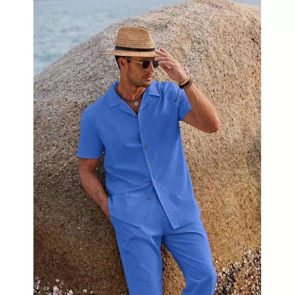 COOFANDY Men 2 Piece Linen Outfit Beach Button Down Shirt Casual Loose Pant Sets