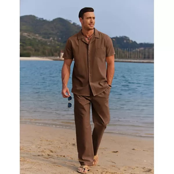 COOFANDY Men 2 Piece Linen Outfit Beach Button Down Shirt Casual Loose Pant Sets