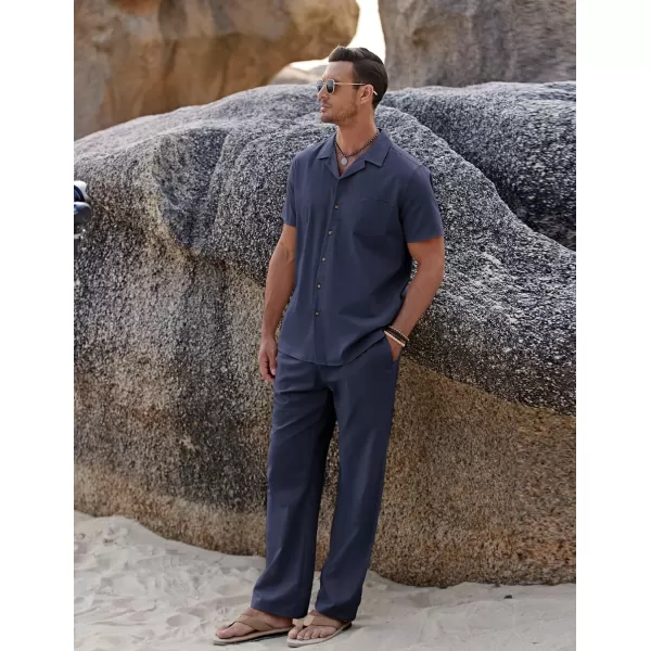 COOFANDY Men 2 Piece Linen Outfit Beach Button Down Shirt Casual Loose Pant Sets