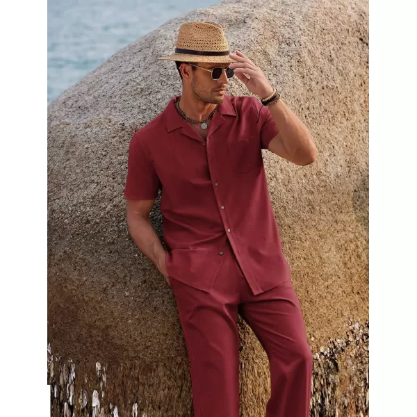 COOFANDY Men 2 Piece Linen Outfit Beach Button Down Shirt Casual Loose Pant Sets