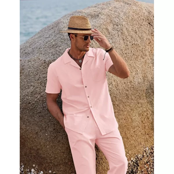 COOFANDY Men 2 Piece Linen Outfit Beach Button Down Shirt Casual Loose Pant Sets