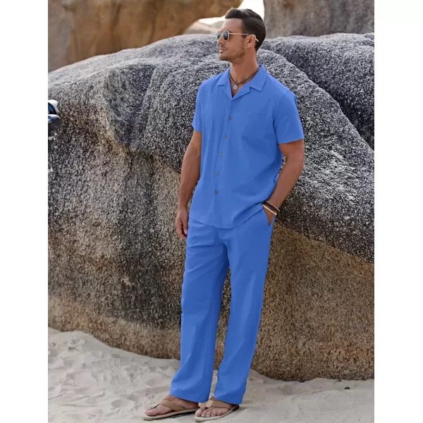 COOFANDY Men 2 Piece Linen Outfit Beach Button Down Shirt Casual Loose Pant Sets