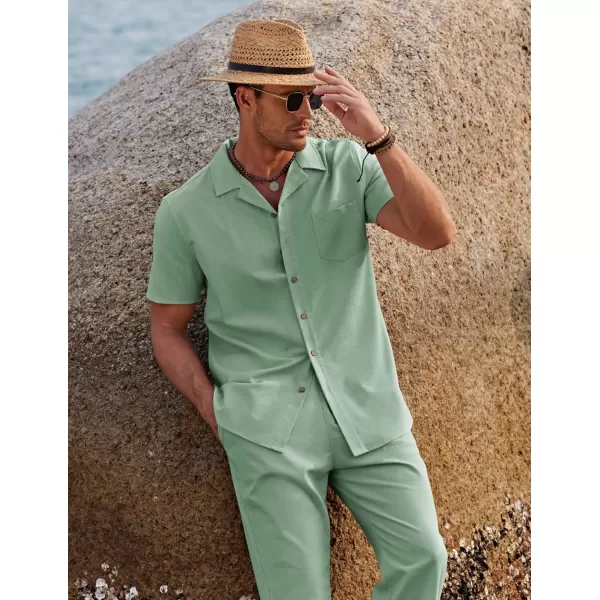 COOFANDY Men 2 Piece Linen Outfit Beach Button Down Shirt Casual Loose Pant Sets