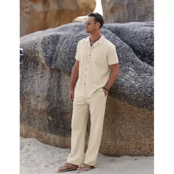 COOFANDY Men 2 Piece Linen Outfit Beach Button Down Shirt Casual Loose Pant Sets