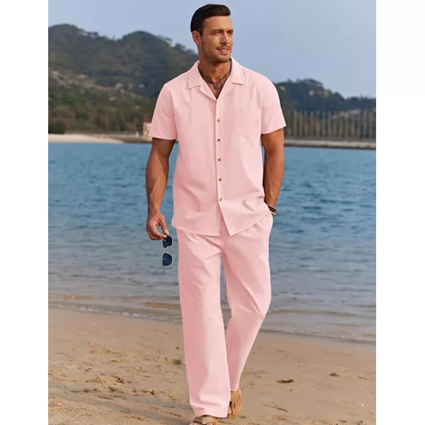 COOFANDY Men 2 Piece Linen Outfit Beach Button Down Shirt Casual Loose Pant Sets