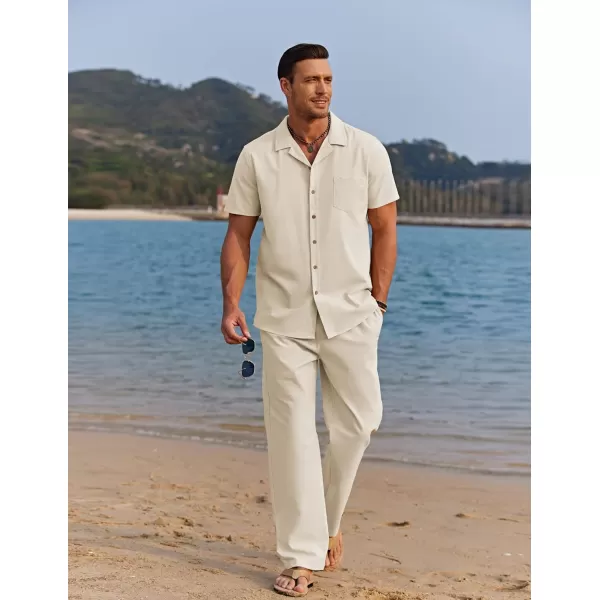 COOFANDY Men 2 Piece Linen Outfit Beach Button Down Shirt Casual Loose Pant Sets
