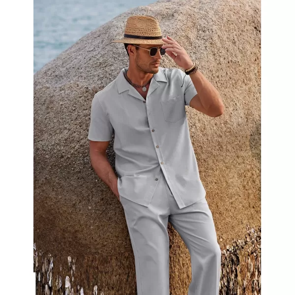 COOFANDY Men 2 Piece Linen Outfit Beach Button Down Shirt Casual Loose Pant Sets