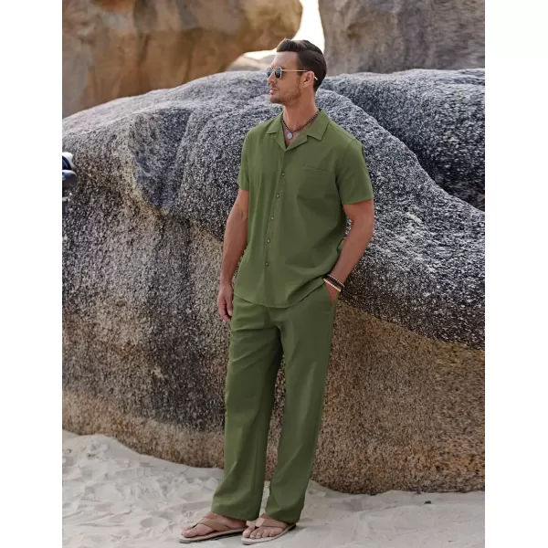 COOFANDY Men 2 Piece Linen Outfit Beach Button Down Shirt Casual Loose Pant Sets